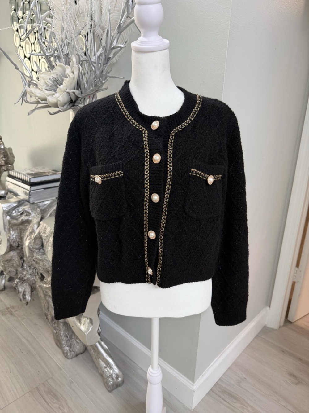 Black Cropped Pearl-Button Bouclé Jacket